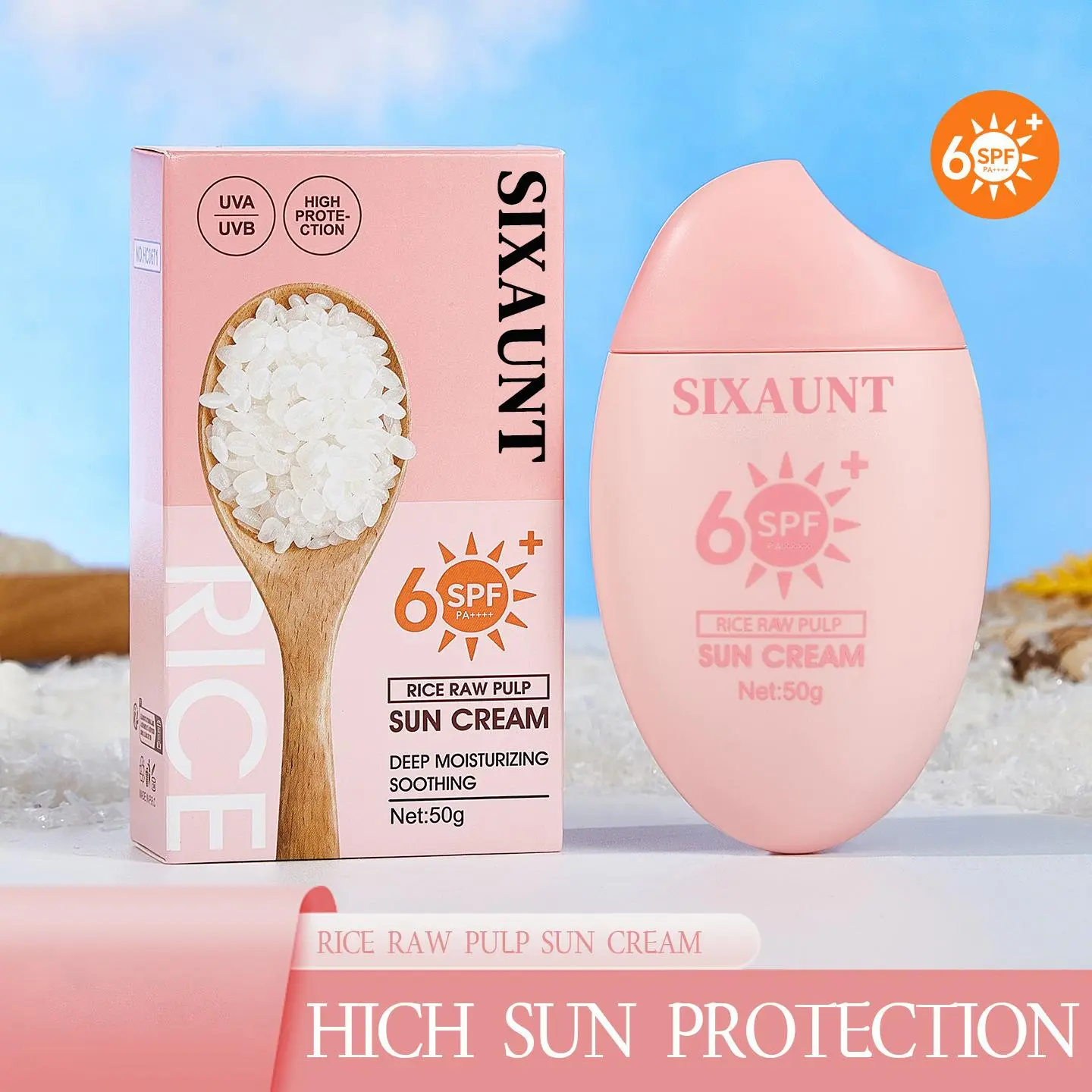 SIXAUNT Korean Rice Sunscreen SPF+60 50ml - Lightweight Daily Use Sun Cream for Facial Protection