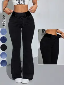 Women's Y2K 2026 Back Shirred Jeans Fit, Mid-Rise Elastic Waist Flared Pants, Light Blue Washed, Kardashian Style, Chic & Trendy