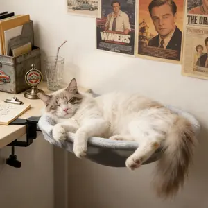 Cat Desk Bed – 18" Cat Hammock for Desk or Table, Holds Up to 45 lbs – Removable Machine Washable Plush Cover, Space-Saving Foldable Design – Ideal for Indoor Cats, Home Office, Gaming Desk