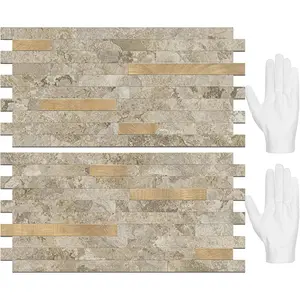 20 Sheets Peel and Stick Backsplash Tile, Stick on Backsplash for Kitchen and Bathroom, Stone Beige Marble Look PVC Mixed Metal  Self Adhesive Wall Tiles