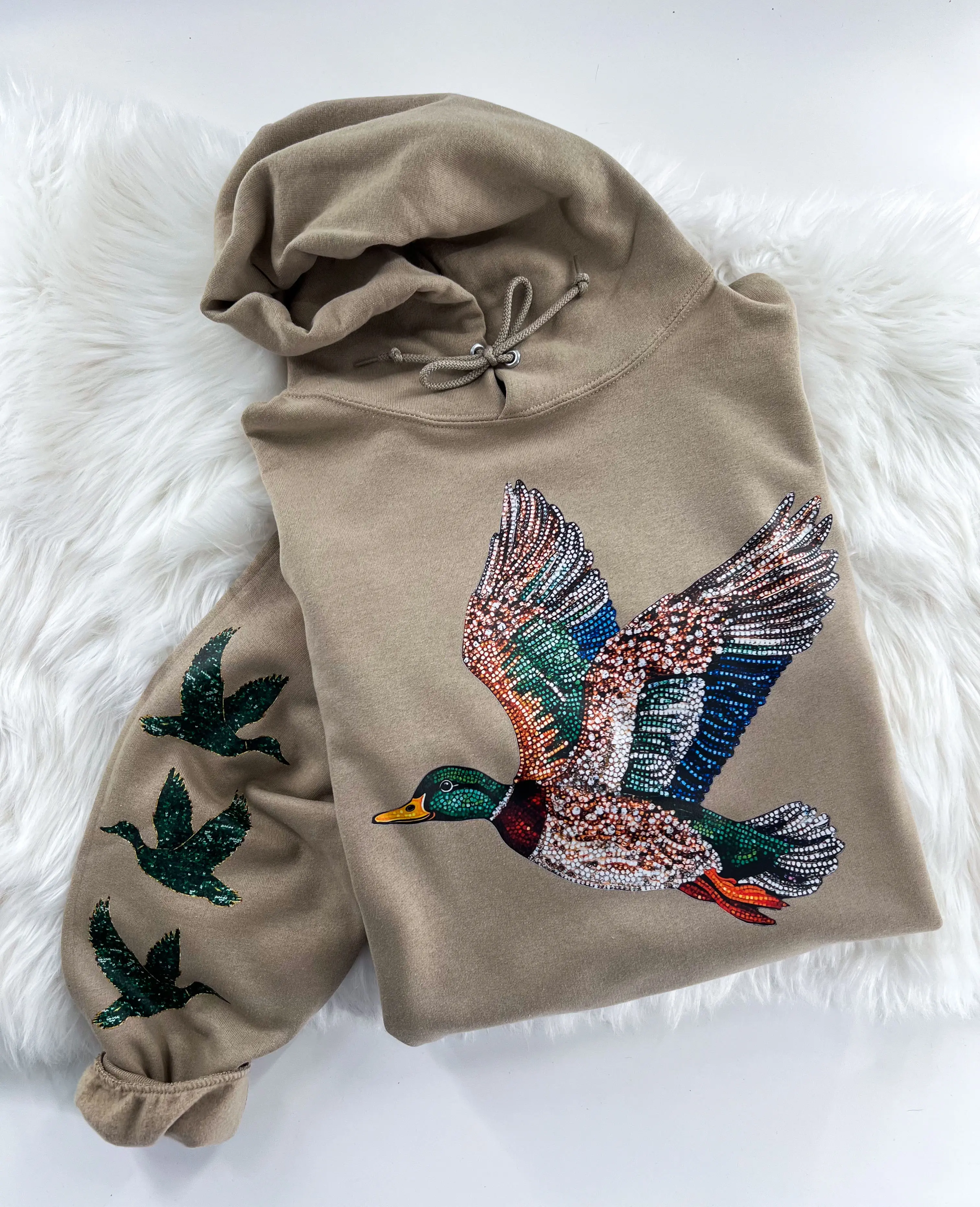Mallard Duck Faux Sequin Glitter Bling Sweatshirt or Hoodie with Sleeve Prints Comfy Unisex Tops Oversized Cotton/Poly Blend Soft Fabric Pullover for Man