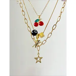 Women's 3PCS Y2K Layered Charm Necklace Set - Leopard Print, Cherry, 8 Ball, Dice, Star Pendants, Whimsical Girly Feminine Accessories, Party-Ready, Teenage Girls Gifts for Daily Wear