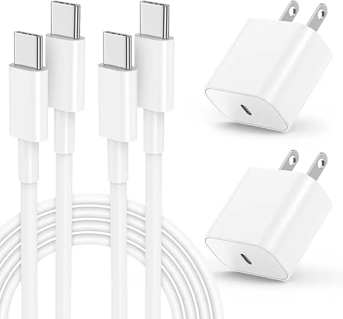 2-Pack 20W Super Fast Charging USB-C Wall Charger Block with 2-Pack 6FT USB-C to USB-C Cable for iPhone 17/16/15 Pro Max，and so on Quick Connect Adapters Multi Ports