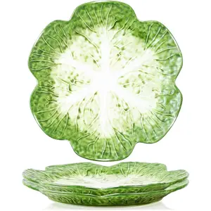 Stylish 10.5-Inch Round Green Ceramic Cabbage Plates, 2-Piece Porcelain Kitchenware for Family Dinner & Dessert, Microwave & Dishwasher Safe