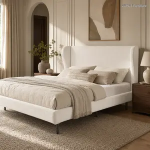 King Size Upholstered Platform Bedframe with Wingback Tufted Boucle Fabric Headboard, Ergonomic Support, Sturdy Metal Legs, Reinforced Slats, No Box Spring Needed, White, Wingback Tufted Headboard