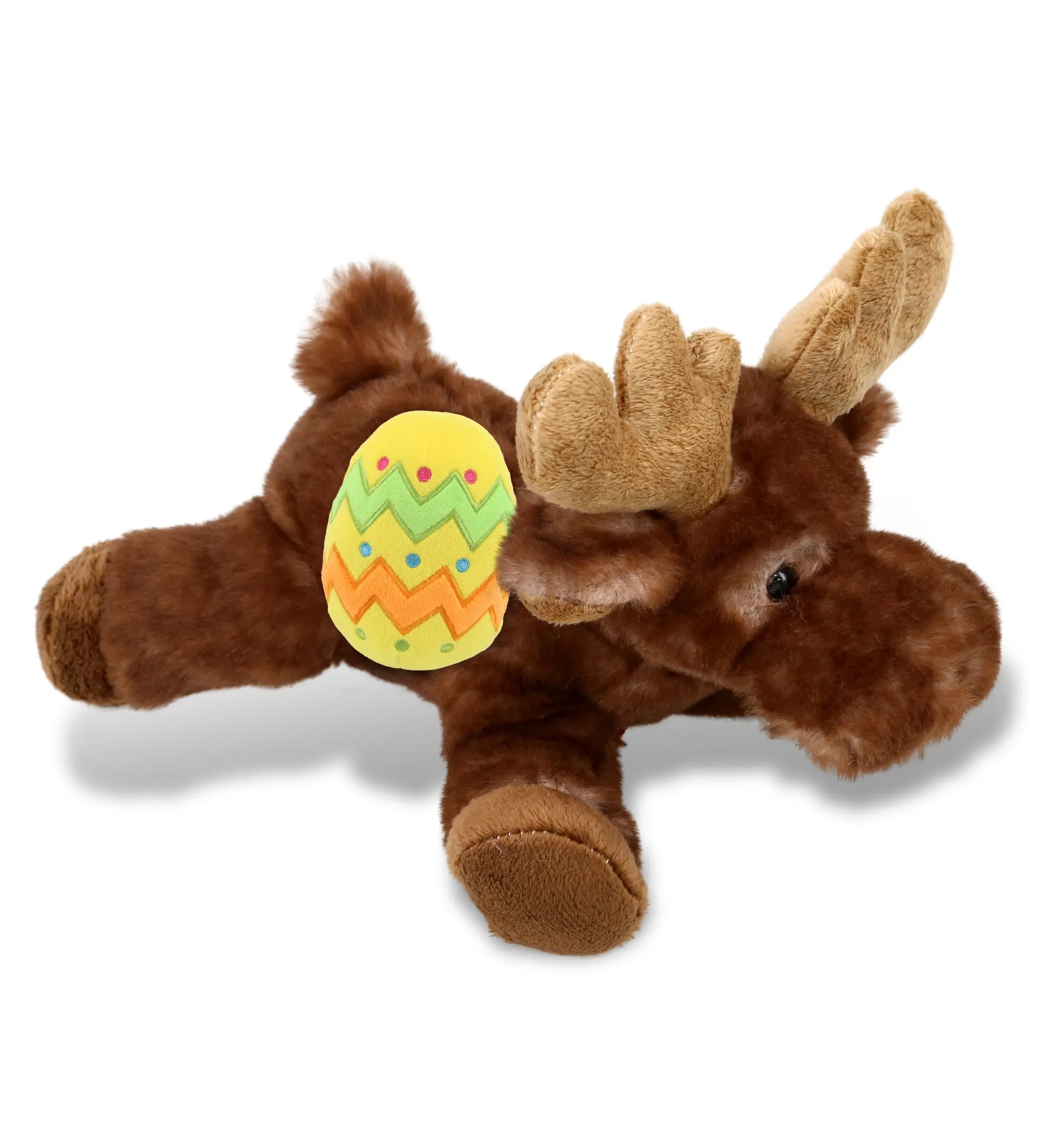 DOLLIBU Brown Lying Moose Easter Stuffed Animal - 9lx7.5wx4h in, 100% Polyester Super Soft Stuffed Toy with Yellow Easter Egg, Customizable Spring Theme Gift for Boys, Girls, Toys & Hobbies Enthusiasts