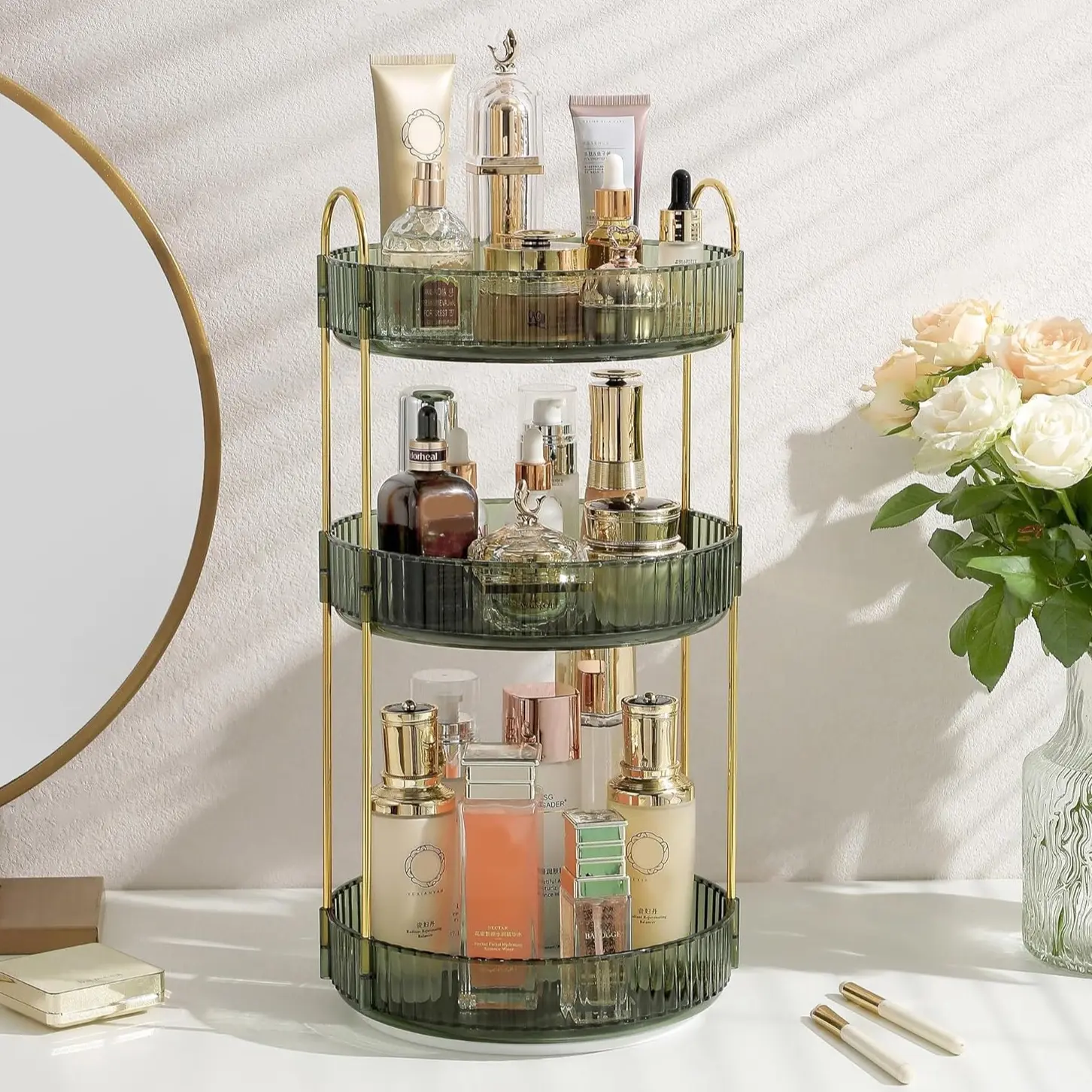 【DealsForYouDays】3 Tier Rotating Makeup Organizer with 360° Spinning Design – Luxury Cosmetic Storage Rack with Gold Metal Frame & Green Acrylic Shelves, Perfume Skincare Display Stand for Vanity Bathroom Countertop Organizer Space Saver Gift