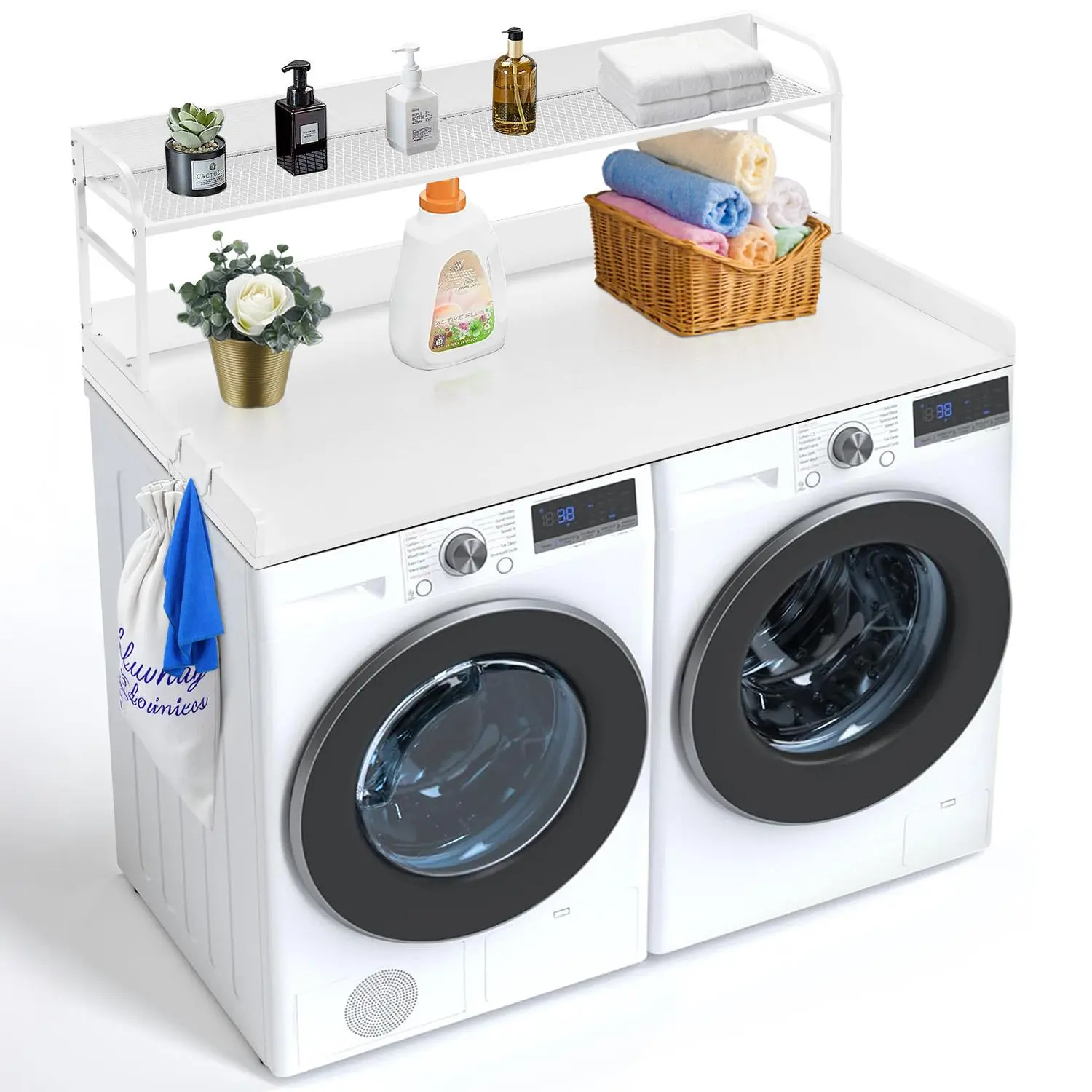【Summerfinds】VEVOR Washer Dryer Countertop with 2-Tier Shelf, 54" x 27" Wooden Washer and Dryer Countertop with Anti-Slip Pads, Water-Resistant Laundry Topper Cover for Laundry Room Organization and Storage, White