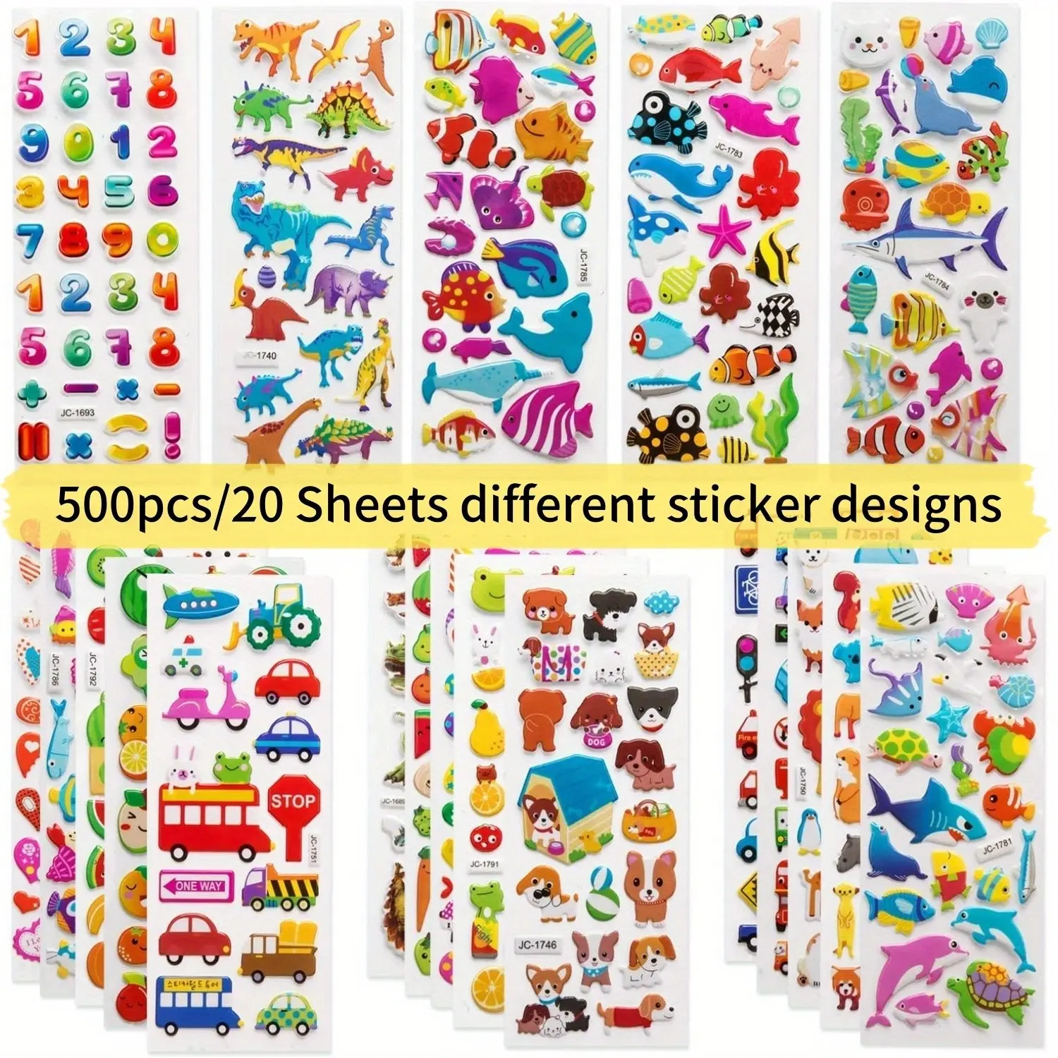 500pcs/20 sheets 3D Stickers for Kids & Toddlers Bulk Preschool Sticker Sheets for Reward, Craft,Puffy Stickers Variety Pack with Animals, Numbers, Fruits, Fish, Dinosaurs, Cars & More for Scrapbooking Sticker Packs