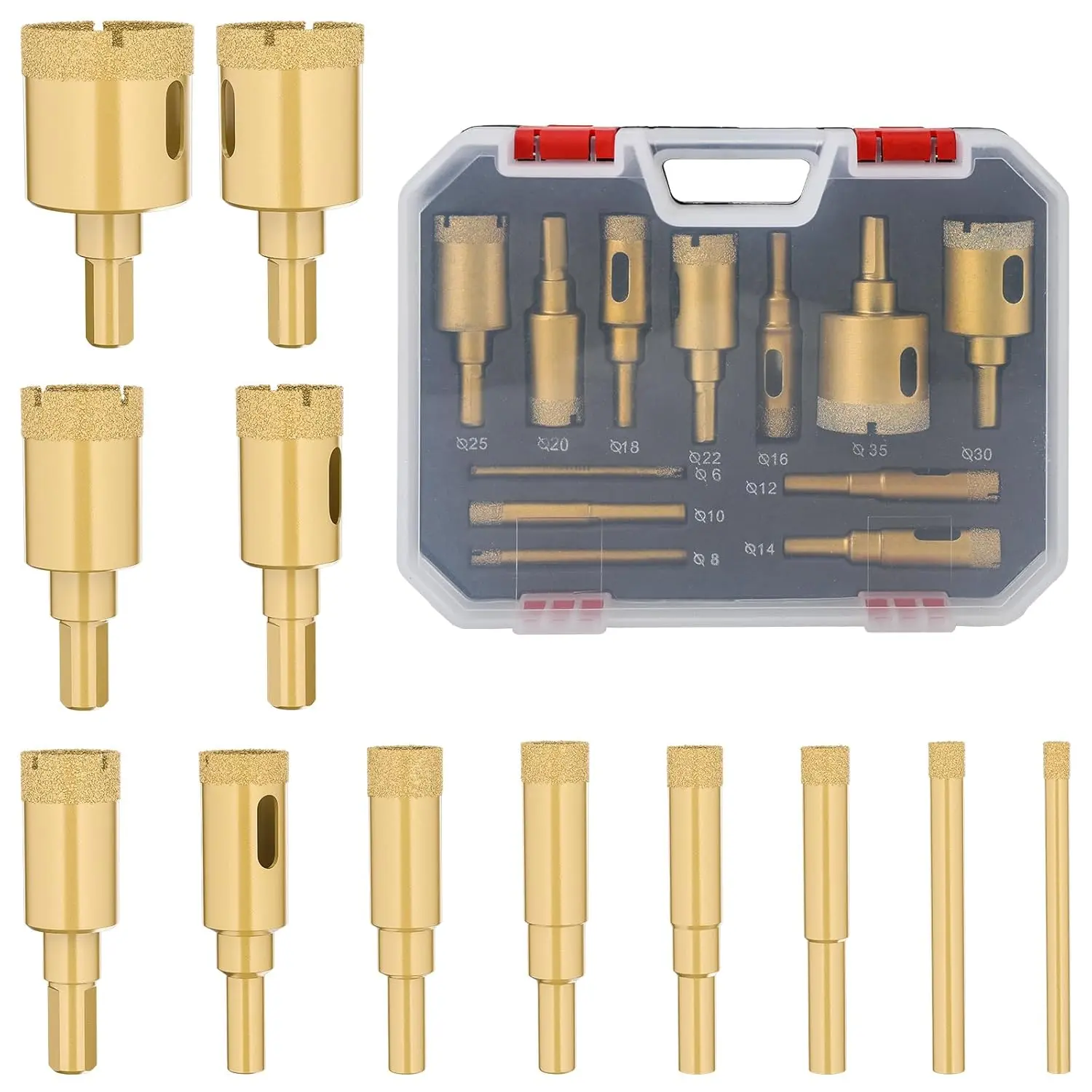 12-Piece Diamond Abrasive Drill Bit Set - Ceramic Drill Bits, Power Tool Accessories for Cutting Glass, 6mm-35mm (0.24in-1.38in) Hole Saw Kit for Porcelain, Marble, Granite, Gypsum, Diamond Bits