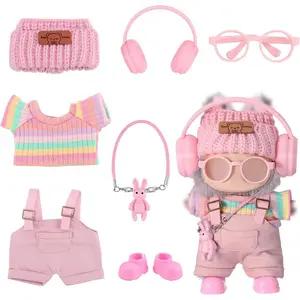 Labubu Cute Pink Striped Set: Rainbow Striped Top + Casual Overalls + Shoes + Headphones + Bunny Keychain (Labubu Doll Accessories) Labubu Clothes