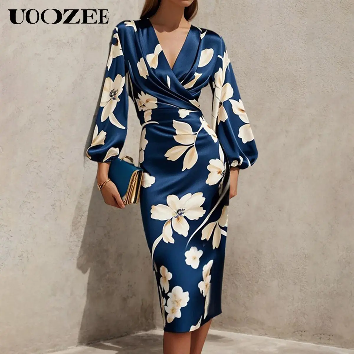 UOOZEE Women's Breathable Satin Mid-Length Party Dress, Elegant Colorblock Floral Print with Deep V-Neck, Cinched Waist and Lantern Sleeve Style, Skin-Friendly, Hollow, Floral Print Brings Soft Romance, Chic Look, Minimalist, Travel‑Ready Style