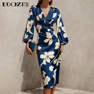 UOOZEE Women's Lady Hollow Casual Dress - Chic Satin Colorblock Print, Deep V-Neck, Cinched Waist, Slimming Long Loose Lantern Sleeves, Floral Style, Mid-Length Hip-Hugging, Comfortable Elegant Fit, Ideal for Commuting