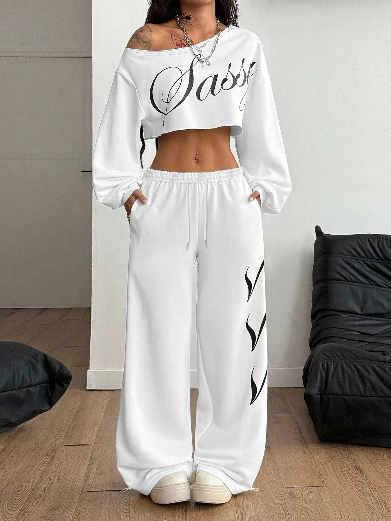 Women's Asymmetrical Shoulder Short Sweatshirt Set, Simple Letter Print, Street Style Straight Leg Pants, 2 Piece Sportswear, Athleisure Sportswear Set, Streetwear Tracksuit Set, Matching Sweat Set, Athleisure Workout Set, Athleisure Outfits