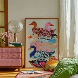 Funny Poster, Ducks Wall Art, Funny Poster, Colorful Ducks Print, Trendy Animal Pattern Decor, Kitsch Dopamine Art