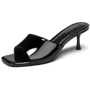 Womens Kitten Heel Sandals Square Open Toe Mules 2.3 Inch Stiletto Heeled Sexy Slip On Sandals for Party Casual