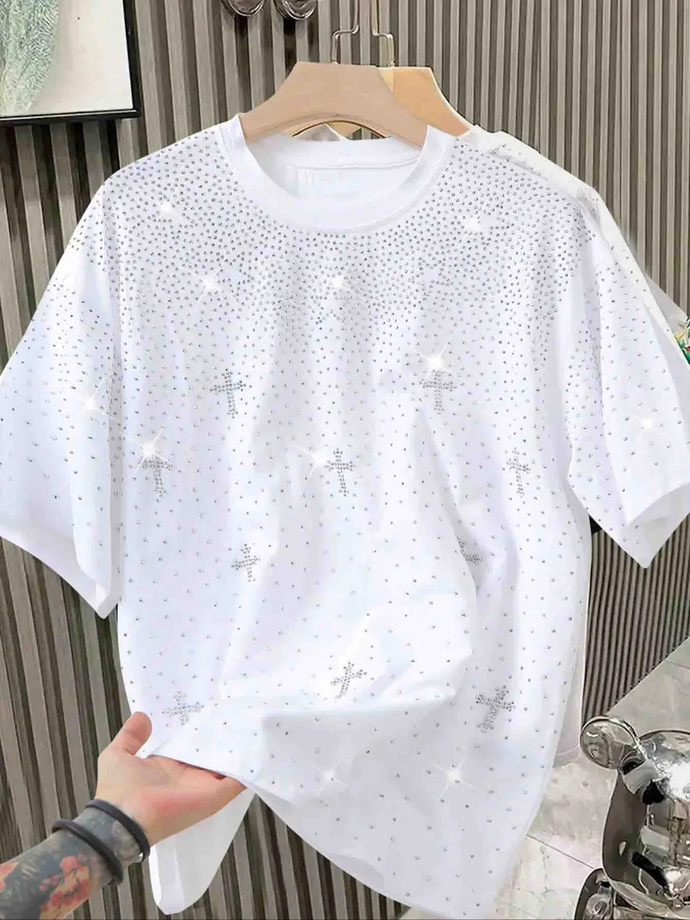 Men's short-sleeved round neck shirt, black, adorned with rhinestones, loose and square cut, Casual, mature urban style, Menswear, Tops, suitable for work and everyday wear, also a perfect gift for boyfriend/husband, couple's set.