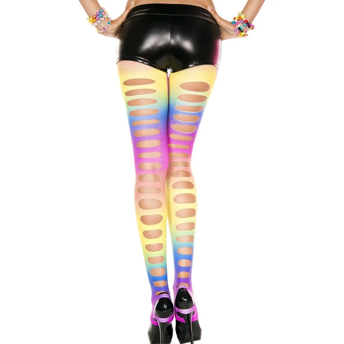 Music Legs Women's Rainbow Stripe Big-Hole Spandex Fit Sports Leggings, Full-Length Pull-On Athletic Stirrup Costume Bottoms, Exceptional Quality