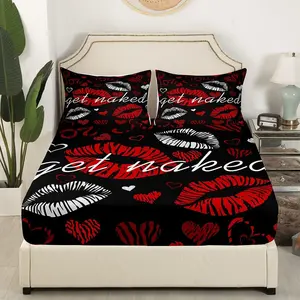 Feelyou Full Size Comfy Bed Sheets Set - Funny "Get Naked" Theme, Sexy Red-White Lips Kiss Unique Pattern Decor Cover for Couples