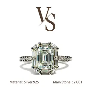 [Venus Jewelry] Synthetic Mossianite 2 CCT Emerald Cut Luxury Party Design Solid Silver 925 Ring