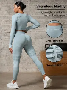 Women's 2-Piece Long Sleeve Tank Top and High Waist Leggings Set, Yoga Gym Running Workout, Spring & Fall Sports Clothing, Workout Running Clothes, Athletic Fashion Activewear