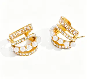 Hand Star Stainless Steel C-Shaped Earring Stack - Rhinestones, Faux Pearls, Elegant Sparkly Design with Movement, Ideal for Casual & Formal Occasions, Mother's Day Gift