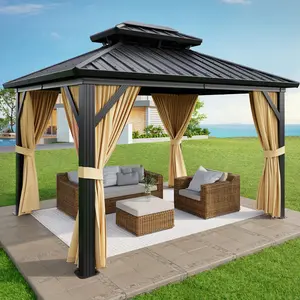 10x12 FT Hardtop Gazebo with Double Roof, Outdoor Gazebo with Curtains and Netting, Heavy Duty Permanent Pavilion Metal Canopy for Patio, Deck, Backyard, Lawn