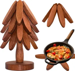 Wooden Cup Coaster Set,Christmas Tree Shape Trivet Set,4 Wooden Trivets and 1 Stand for Hot Pots and Pans Collapsible Coasters Heat Resistant Pads for Kitchen Counter