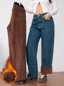 Women's Vintage Fashion Fleece-Lined Thickened Winter Warm Wide Leg Straight Jeans Pants, Elegant Plain Style for Fall & Winter