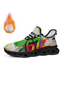 Exclusive Graffiti Style Sports Shoes, Unique Print Number 67 Pattern, Fashion Streetwear, Trendy Thick Sole Design, Casual Men's Sneakers, Fashionable Sneakers, Thick Soled Sneakers, Graphic Print Sneakers