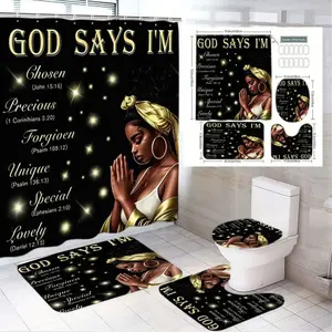 1/4pcs GOD SAYS I'M Chosen/Precious/Forgiven/Unique Bible Verse Bathroom Curtain Set - Black Base Golden Accents African American Woman Pattern, Matching Bath Mat Toilet Seat & Lid Cover - Home Decor for Sunday, Easter, Waterproof Shower Curtain