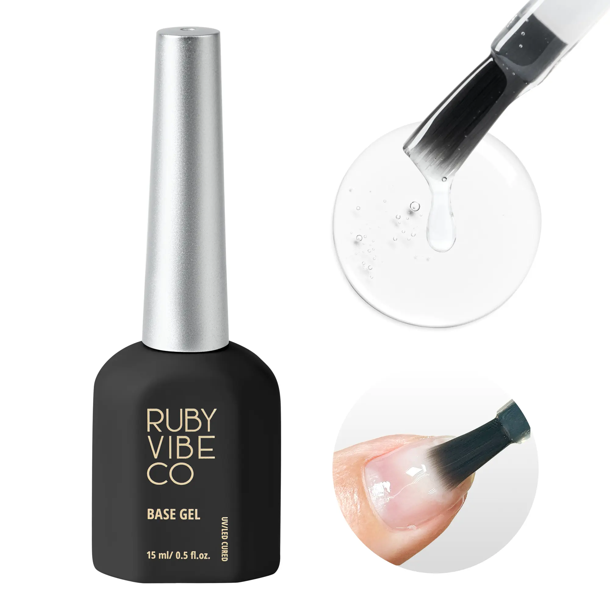RUBY VIBE CO Rubber Base Gel Polish - HEMA/TPO/HPMA-Free Soak Off UV/LED Nail Base Coat with High Adhesion for Natural Nails and Long Lasting Manicures, Clear Flexible Foundation to Prevent Chipping and Cracking