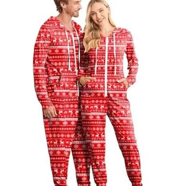 Christmas Matching Onesies for Couples Zipper Hooded Adult Onesie Pajamas with Pockets S-XXL