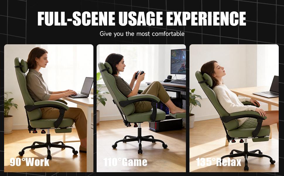Solid-Color Minimalist Gaming Chair with Footrest | Ergonomic Reclining Office Chair. Breathable durable leather, spine-supporting, wide padded seat.300 lbs capacity. Ideal for home office, gaming and live streaming.    silent caster