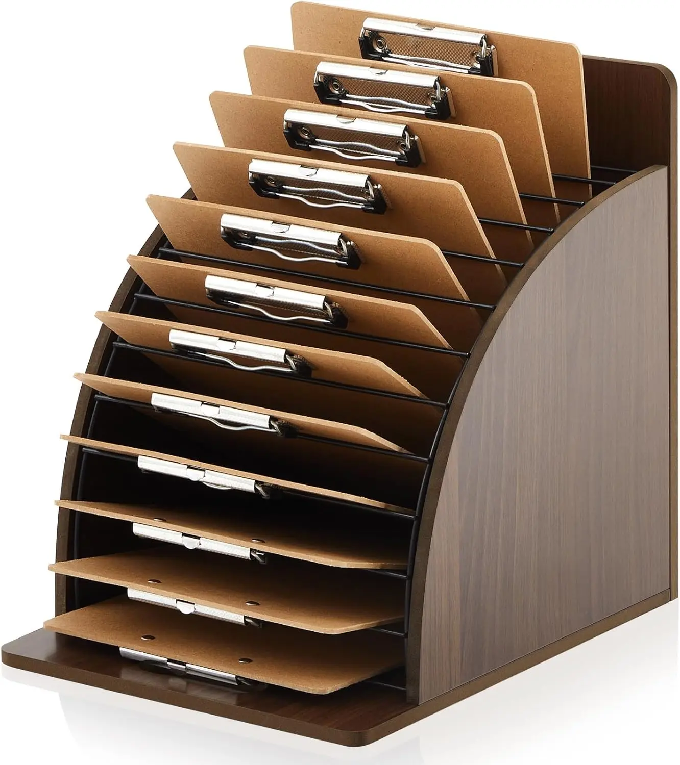 Wooden Clipboard Holder Storage Metal Rack with Raised Side Panel Clipboard Organization for Classroom Office School Teacher, Clip Boards Not Included (Walnut)