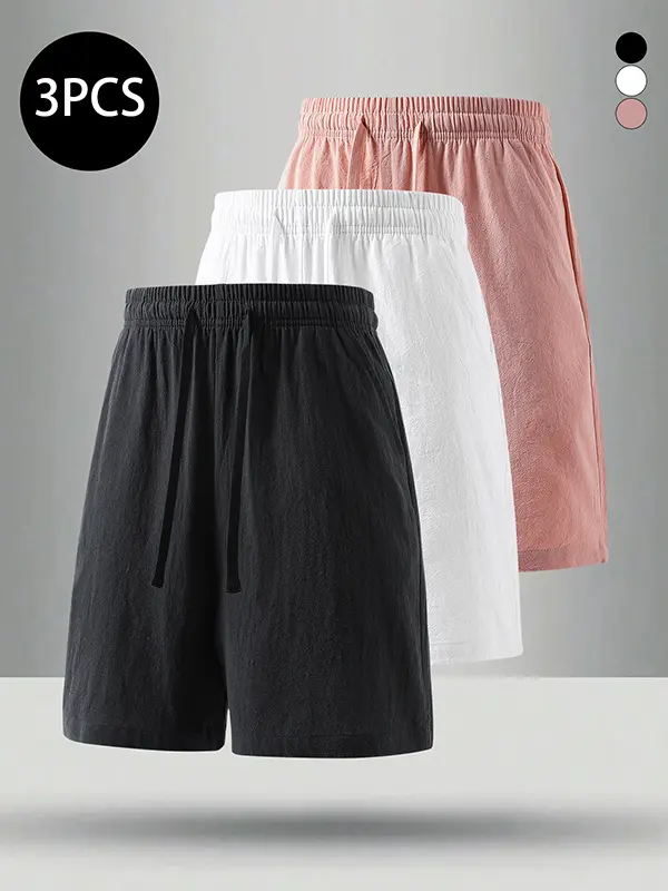 Men's 3-Pack Summer Cotton Shorts, 100% Cotton Ruched Mid-Thigh, Lightweight Breathable Menswear for Home Wear & Fitness, Multi-Color Options for Easy Styling