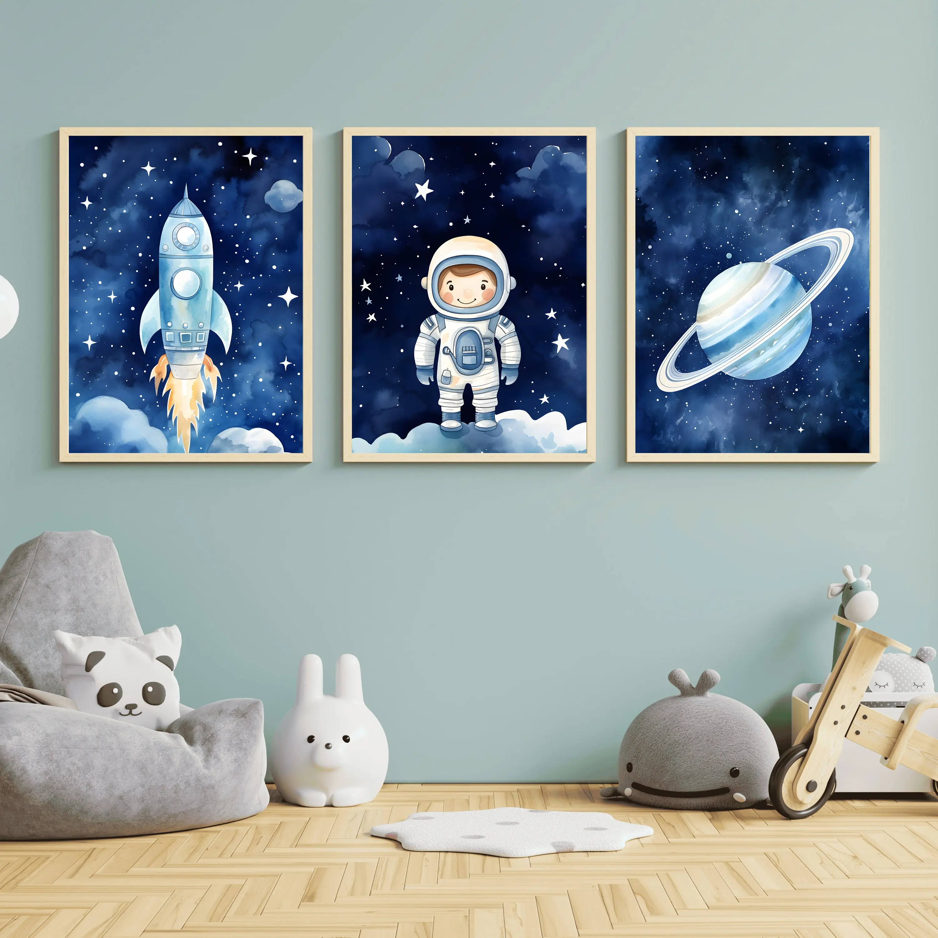 Wood Space Theme Design Poster Wall Art Set of 3 - Astronaut, Spaceship, Planet Prints, Baby Boy Room Decor, Classroom Decor, Gift for Outer Space Lovers