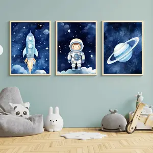 Space Poster Wall Art Set of 3-Astronaut Spaceship Planet Print, Baby Boy Room Decoration, ect Gift For Outer Space Lover