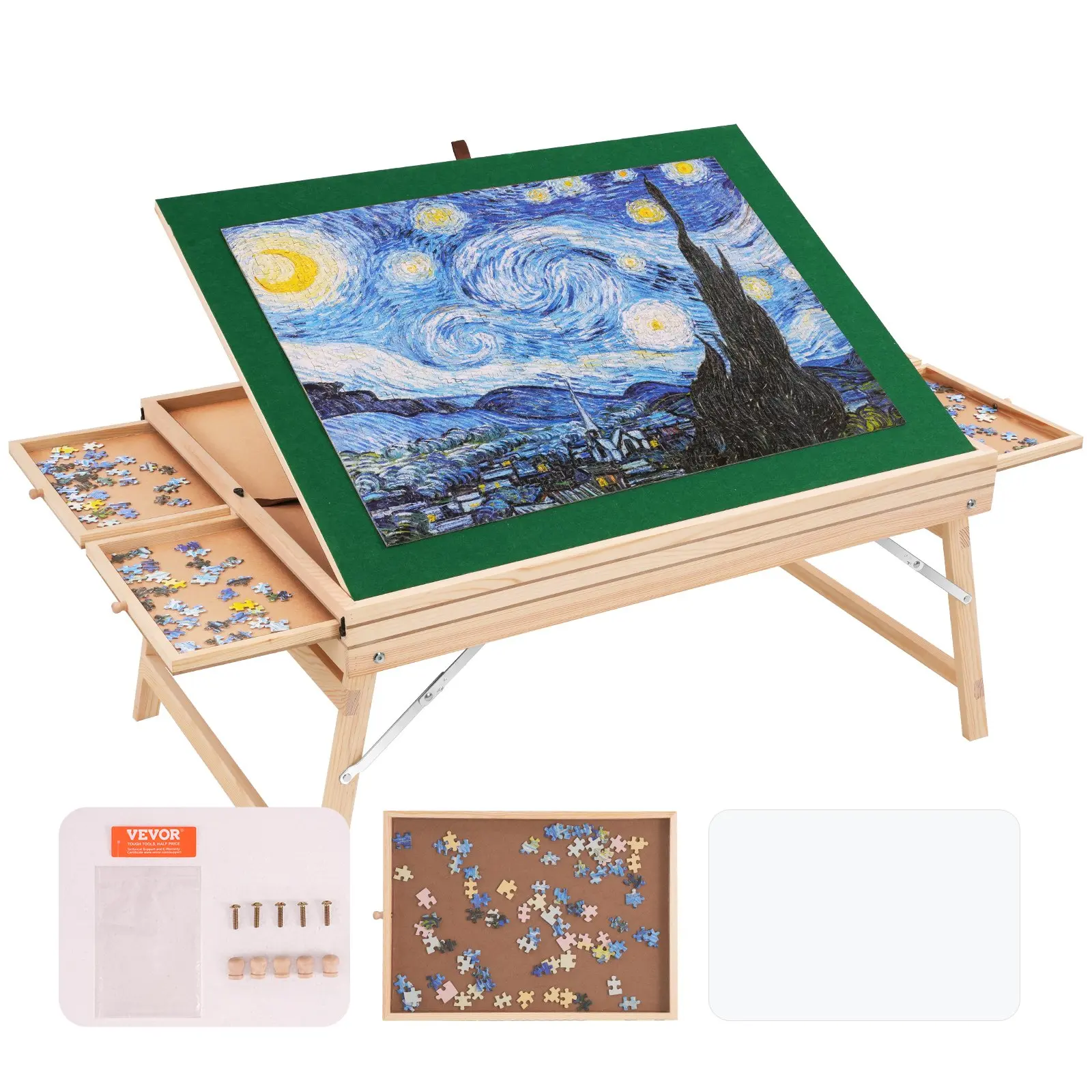 【summerfinds】VEVOR 1500 Piece Puzzle Table with Folding Legs, 4 Drawers and Cover, 32.7"x24.6" Wooden Jigsaw Puzzle Plateau, Adjustable 3-Tilting-Angle Puzzle Board, Puzzle Storage System for Adults, Gift for Mom