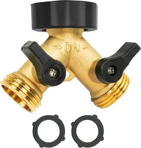 2 Way Garden Hose Splitter 3/4 Inch Heavy Duty Brass Hose Connector Tap Splitter, Hose Spigot Adapter 2 Valves with Rubber Washers (1 Pack)