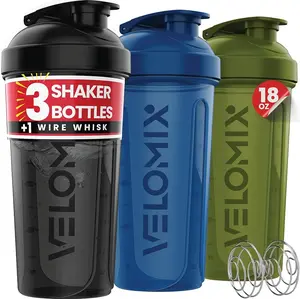 Velomix 3-Pack Protein Shaker Bottles For Mixes - 18 Oz Leak Proof Cups, Includes Wire Whisk, Stackable And Dishwasher Safe