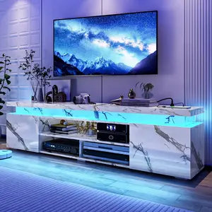 73 Inch LED TV Stand for 80/85 Inch TV, High Gloss TV Cabinet with Power Outlet, Modern TV Console Entertainment Center with Storage and LED Lights for Living Room, Black/White/Black Marble/White Marble