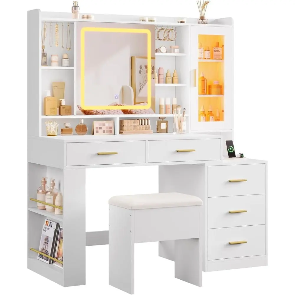 Sikaic Makeup Vanity Desk with Sliding LED Lighted Mirror, 47.2"W Large Vanity Desk with Drawers, Shelves and Side Storage, RGB Glass Cabinet, White Vanity Table Set with Charging Station for Bedroom, Home Furniture, Dorm Essentials [tiktokshopbacktoschoo