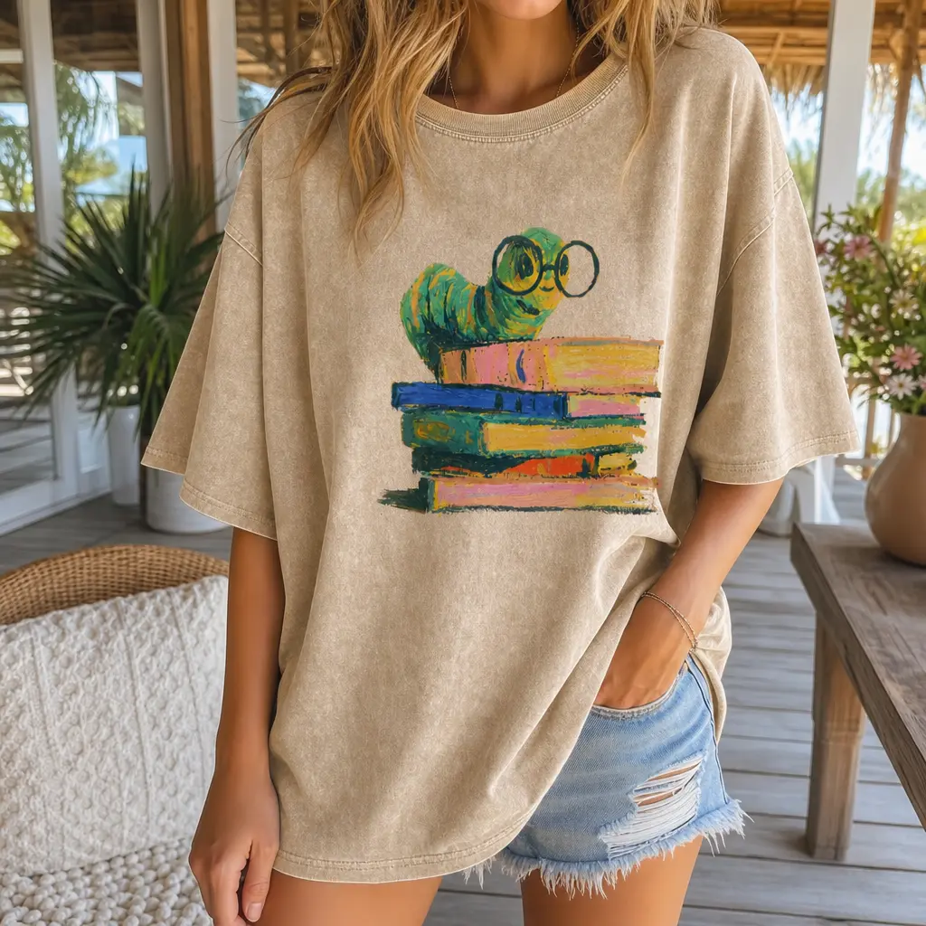 Retro Bookworm Stack Graphic Tee for Women, Washed Cotton Oversized Reader Shirt S-5XL