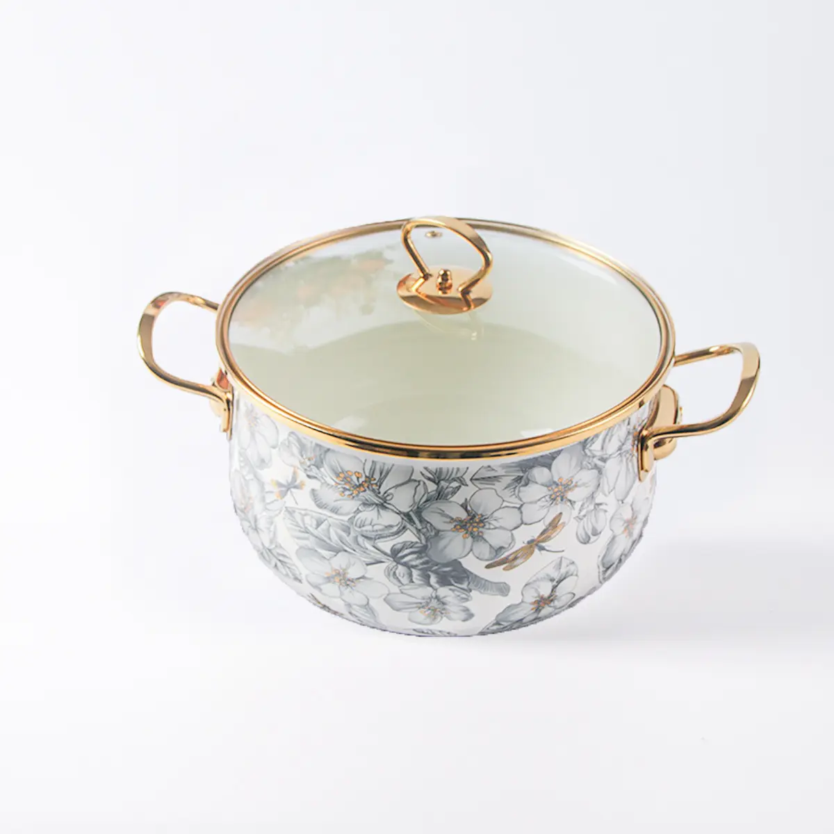 Enamel cookware set with lids, floral pattern, retro dragonfly saucepan (20–26 cm), elegant gold-rim kitchen pots, perfect for cooking, tableware display, and Mother’s Day gifts summer vibes Stew Pot Ramen Pot pots and pans set