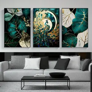 3 Pieces Optional Wooden Frame Emerald Green Gold Wall Art Modern Abstract Gorgeous Peacock Pattern Home Decor Wall Poster Decor Picture Mural Modern Home Decoration Luxury Atmospheric Style