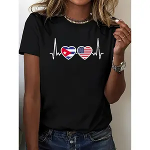 Women's 100% Cotton Fitted Short-Sleeve Crew Neck Patriotic T-Shirt - USA-Cuba Heartbeat Graphic Flag Top, Streetwear Clothes for American Cuban Pride Casual Wear, Shirts for Women, USA-Themed Cuban-Inspired Machine-Washable Tops