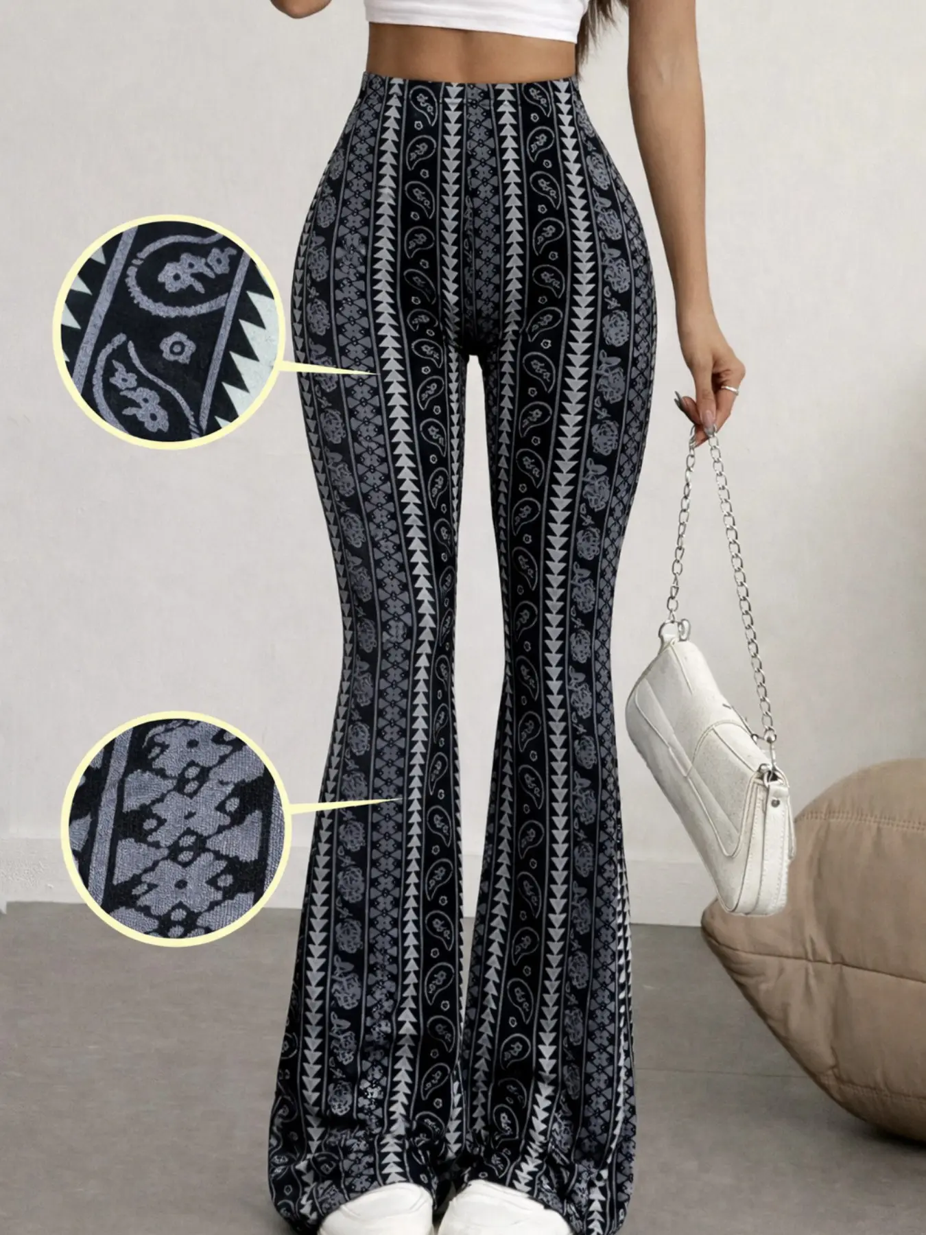 Womens High Waist Boho Bohemian Flared Flare Pants Tribal Print Stretch Bell Bottom Leggings Retro Vintage Y2K Slim Fit Wide Leg Trousers Casual Street Style Festival Outfit Soft Elastic Comfy Pants Boho Fashion Trousers