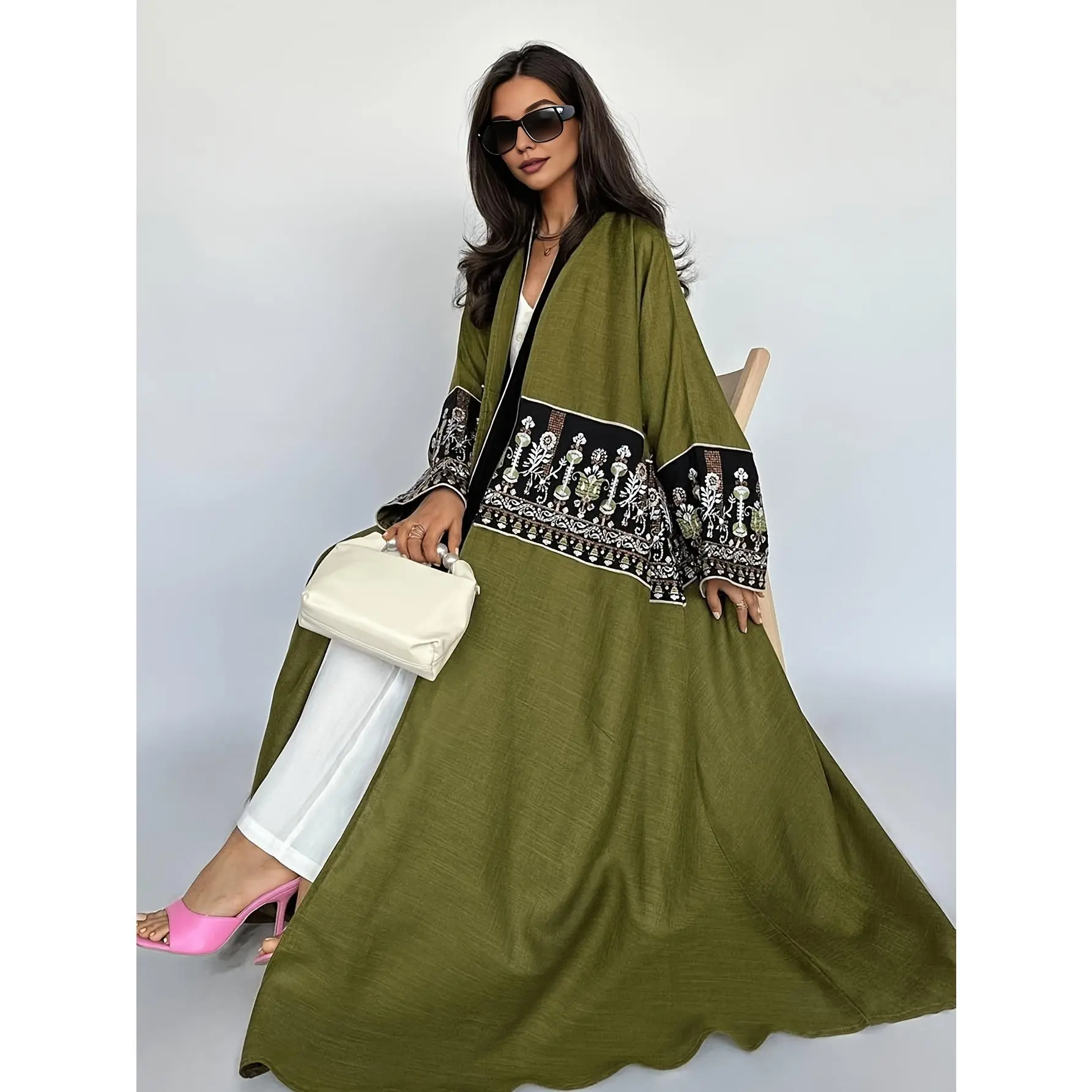 [Custom Abaya] Custom Embroidered Dubai Abaya for Women |   1pc Black Open-Front Long Robe with Intricate Floral & Geometric Patterns, Loose Fit, All-Season Traditional Middle Eastern Dress, Modest Attire, Highend Craftsmanship
