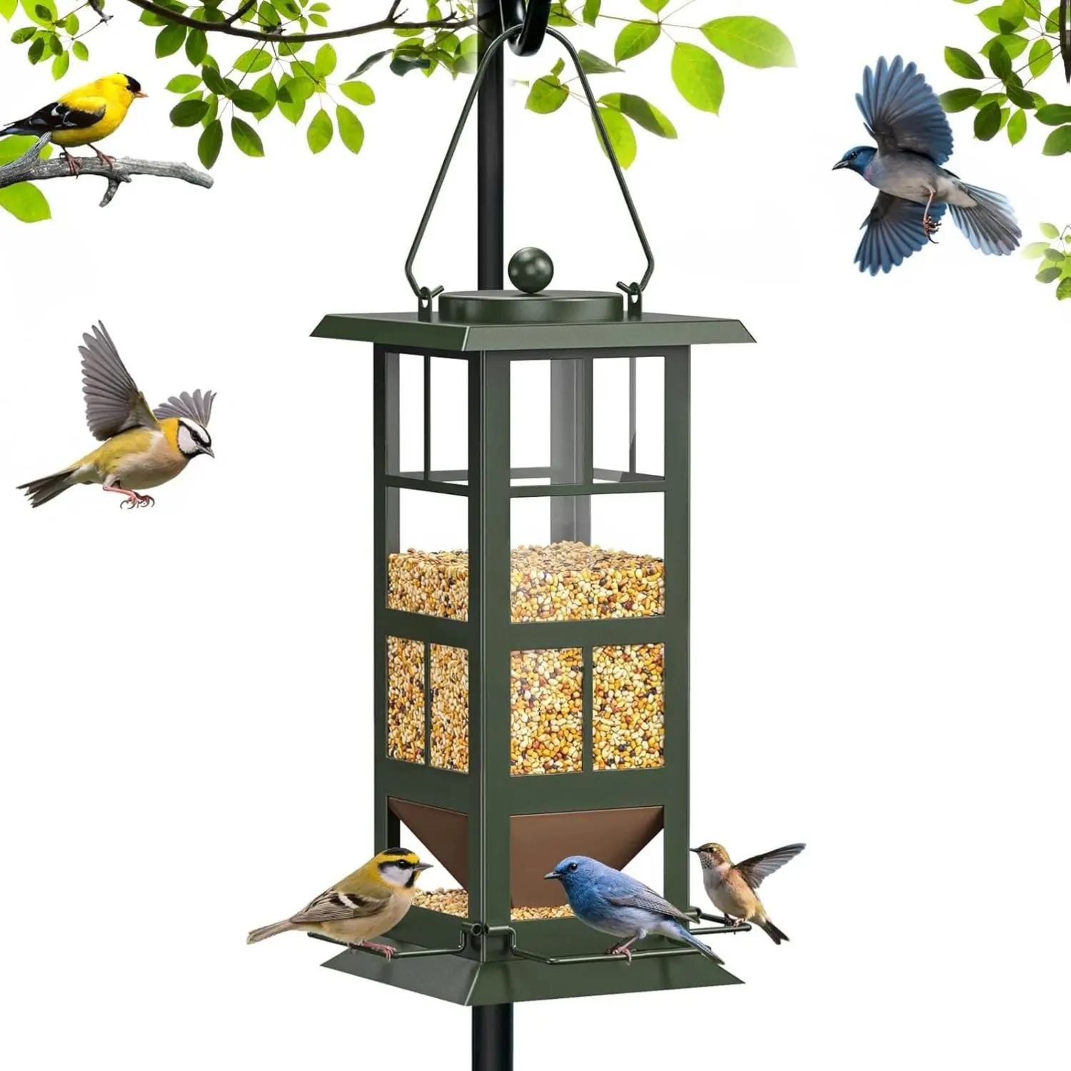 Wildpark Hanging Bird Feeder with Bird Feeder Pole - 1.36 kg (3.20 lbs) Heavy-Duty Metal Frame, Shatter-Resistant Acrylic, 360° View, Weather-Resistant for Year-Round Outdoor Use, Unique Funnel Design, Backyard Oasis Thoughtful Gift